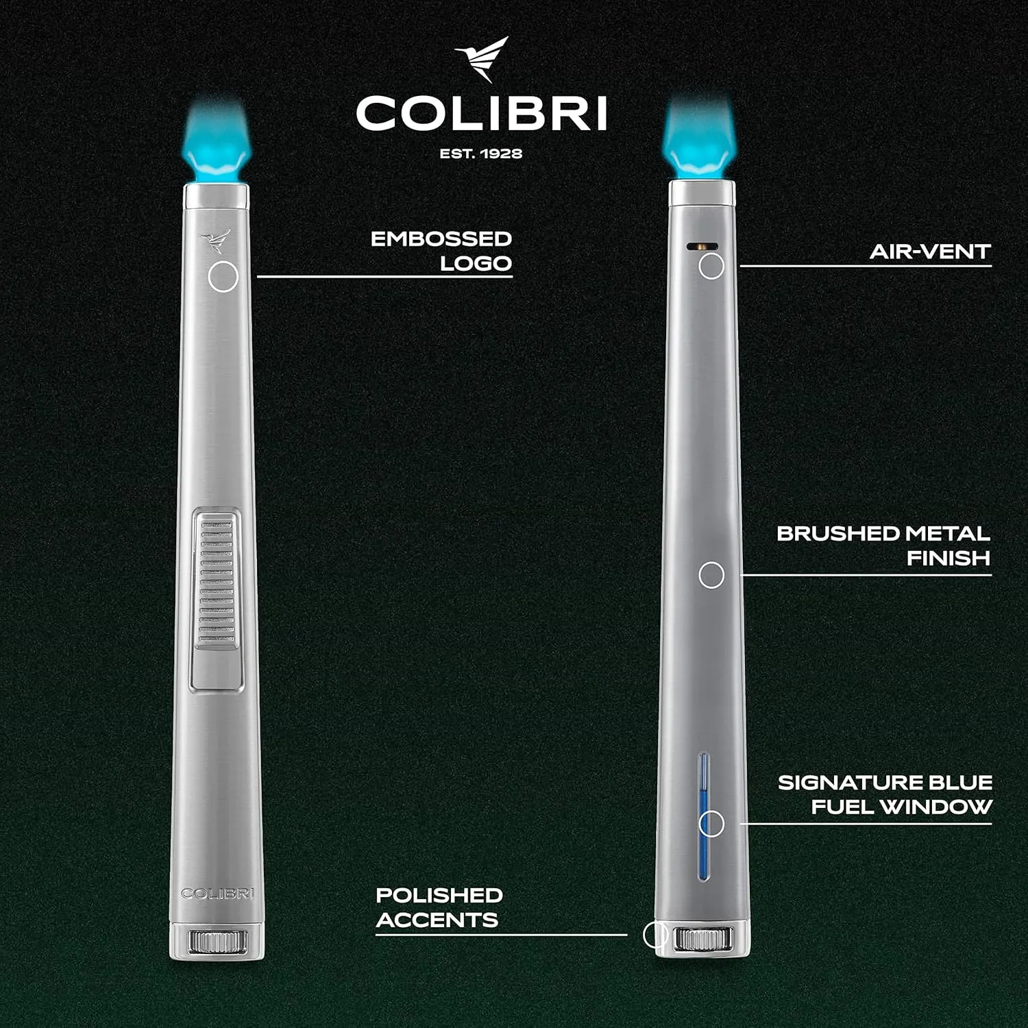 Colibri Aura 10mm Flat Flame Lighter - Elegant and Windproof with Refillable Butane, Ideal for Cigars & Candles, with Single-Action Ignition (Brushed Chrome)