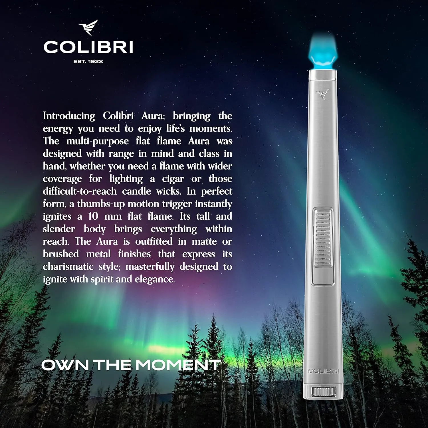 Colibri Aura 10mm Flat Flame Lighter - Elegant and Windproof with Refillable Butane, Ideal for Cigars & Candles, with Single-Action Ignition (Brushed Chrome)
