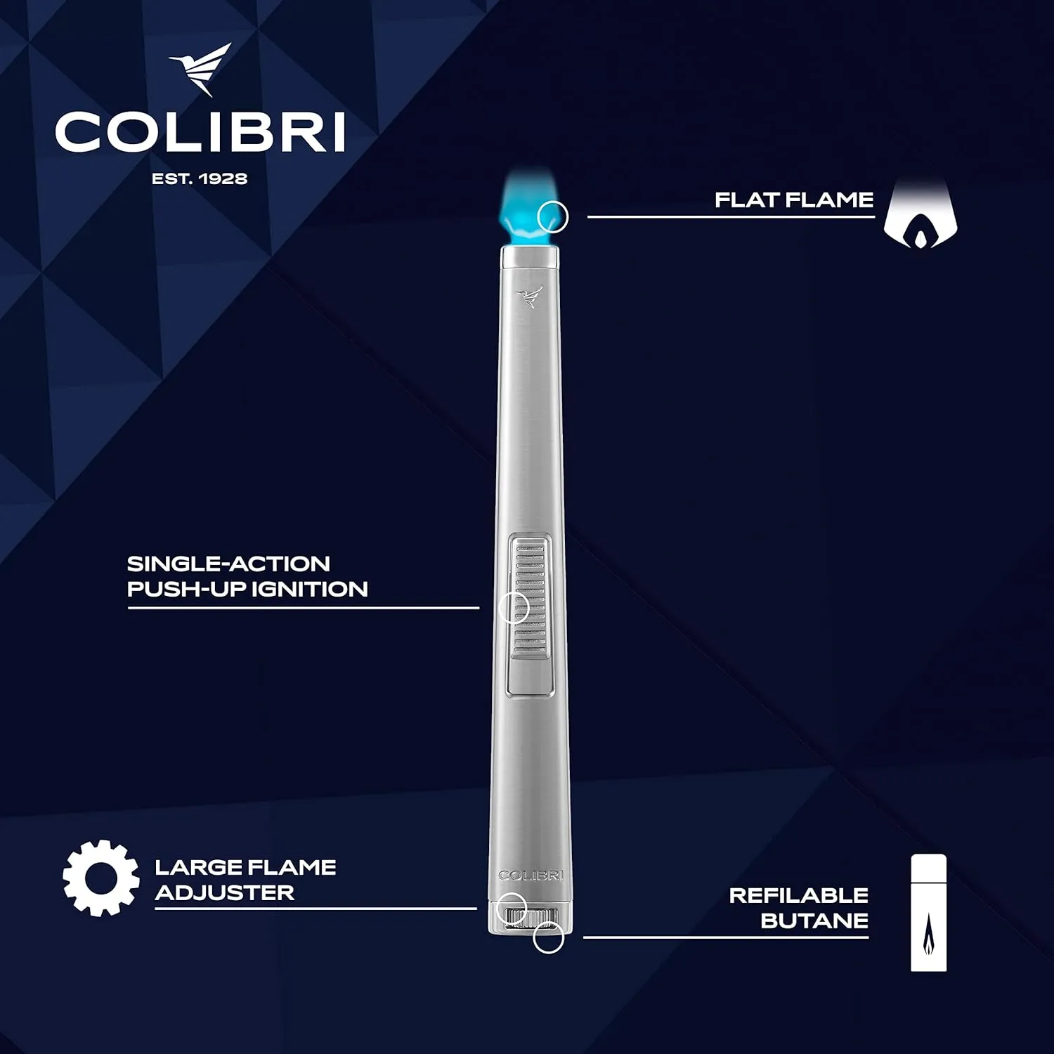 Colibri Aura 10mm Flat Flame Lighter - Elegant and Windproof with Refillable Butane, Ideal for Cigars & Candles, with Single-Action Ignition (Brushed Chrome)