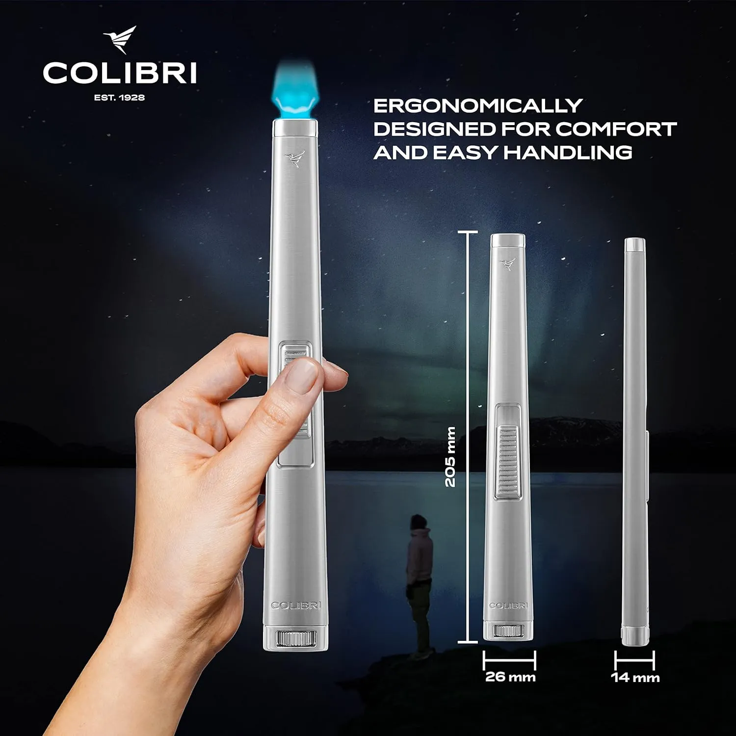 Colibri Aura 10mm Flat Flame Lighter - Elegant and Windproof with Refillable Butane, Ideal for Cigars & Candles, with Single-Action Ignition (Brushed Chrome)