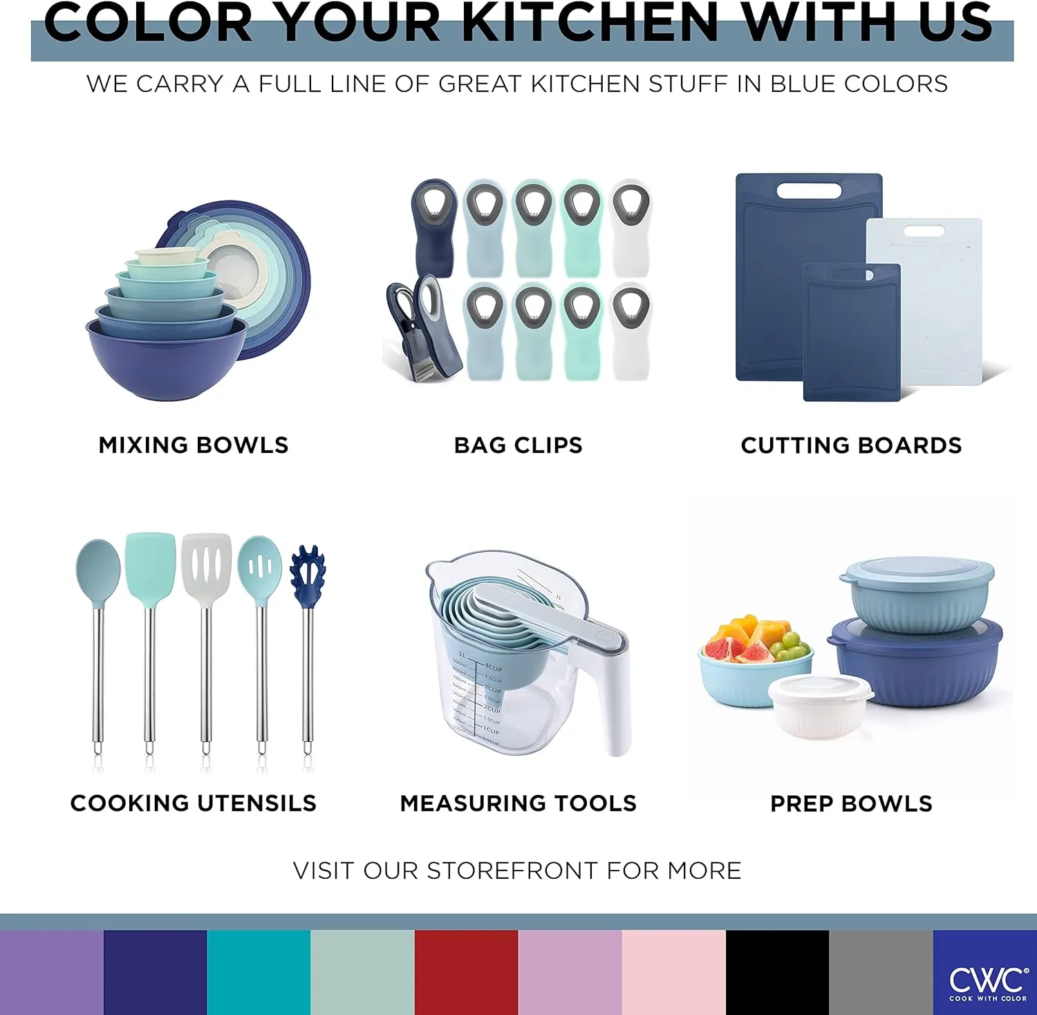 COOK WITH COLOR Stainless Steel Mixing Bowls Set - Nesting Bowls, 6 Pieces, Blue