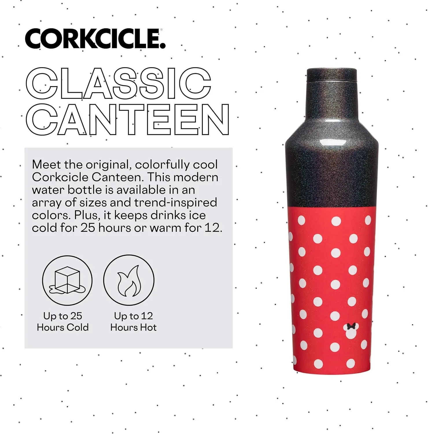 Corkcicle Disney Minnie Insulated Canteen Travel Water Bottle, Triple Insulated with Easy Grip, Keeps Beverages Cold for 25 Hours or Warm for 12 Hours, 16 oz, Polka Dot Red
