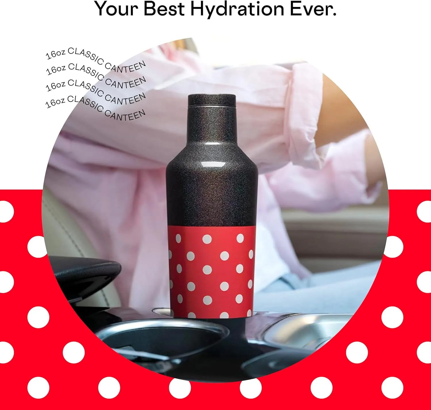 Corkcicle Disney Minnie Insulated Canteen Travel Water Bottle, Triple Insulated with Easy Grip, Keeps Beverages Cold for 25 Hours or Warm for 12 Hours, 16 oz, Polka Dot Red