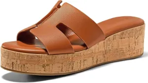 Coutgo Women's Platform Wedge Sandals Open Toe Slip On Slides Cork Heeled Cutout Comfortable Summer Shoes