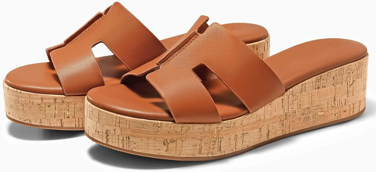 Coutgo Women's Platform Wedge Sandals Open Toe Slip On Slides Cork Heeled Cutout Comfortable Summer Shoes