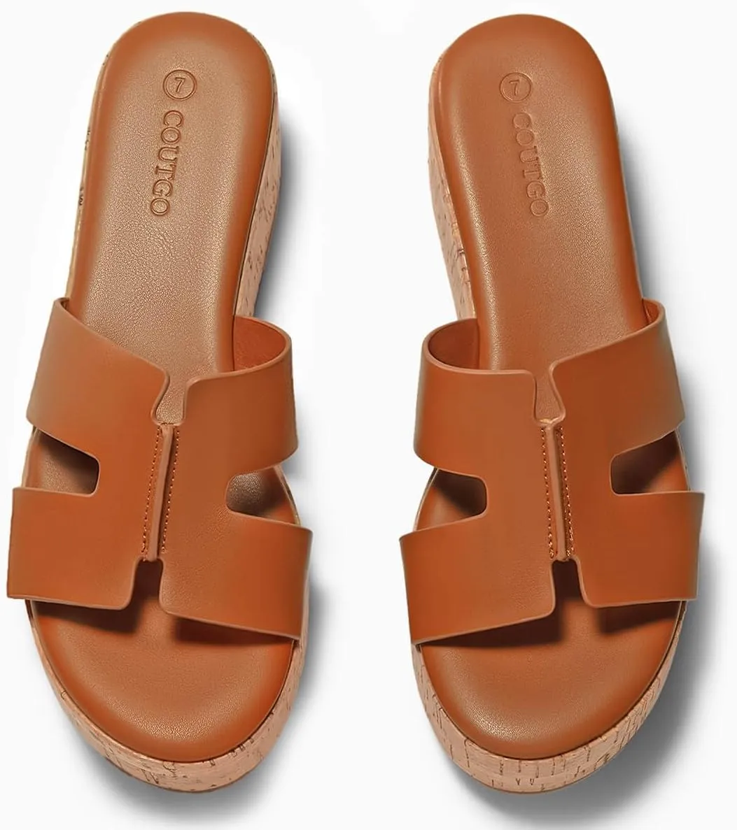 Coutgo Women's Platform Wedge Sandals Open Toe Slip On Slides Cork Heeled Cutout Comfortable Summer Shoes