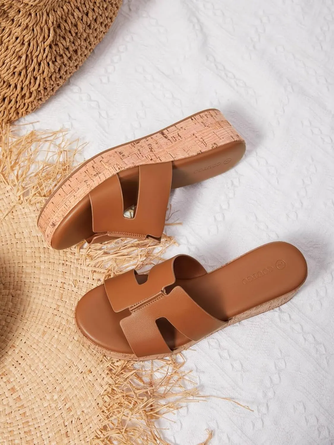 Coutgo Women's Platform Wedge Sandals Open Toe Slip On Slides Cork Heeled Cutout Comfortable Summer Shoes