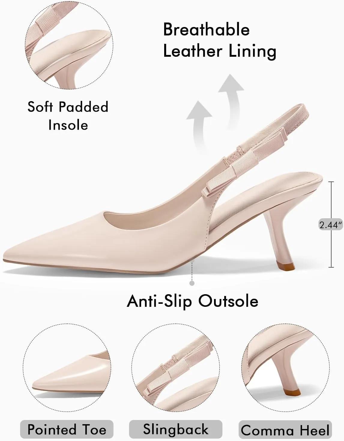 Coutgo Womens Slingback Kitten Heels Closed Pointed Toe Bowknot Patent Leather Slip on Work Pumps Dress Shoes