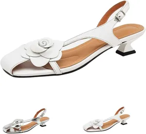 Cubicbee Women's Square Closed Toe Slingbacks Sandals Retro Floral Flat Shoes Sexy Slip On Low Heel Dress Shoes with Metal Decoration Ring