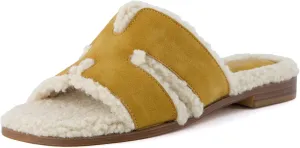 CUSHIONAIRE Women's Voyage Fur Faux Shearling lined slide sandal  Memory Foam, Wide Widths Available