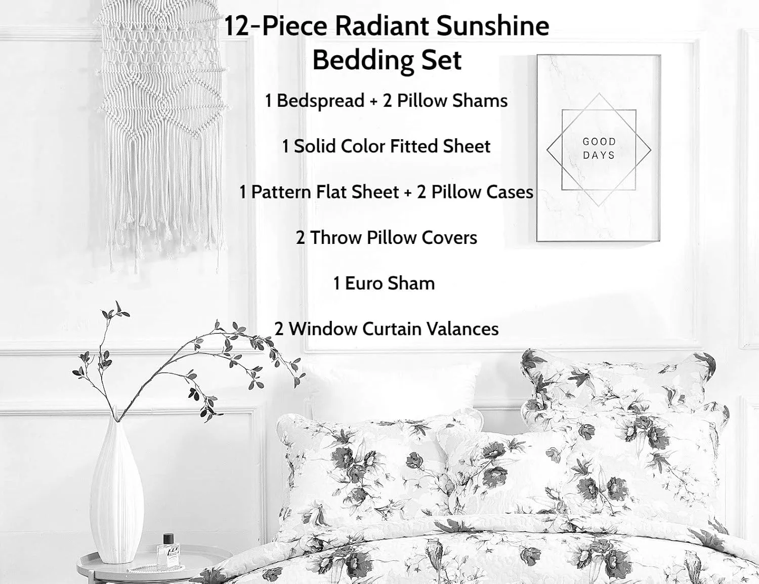 DaDalogy Bedding 12-Pieces Bed in a Bag Set - Botanical Radiant Sunshine Yellow Hummingbirds Floral Fitted & Flat Sheets Set w/Accent Throw Euro Sham Pillow Covers & Window Curtain Valance - King