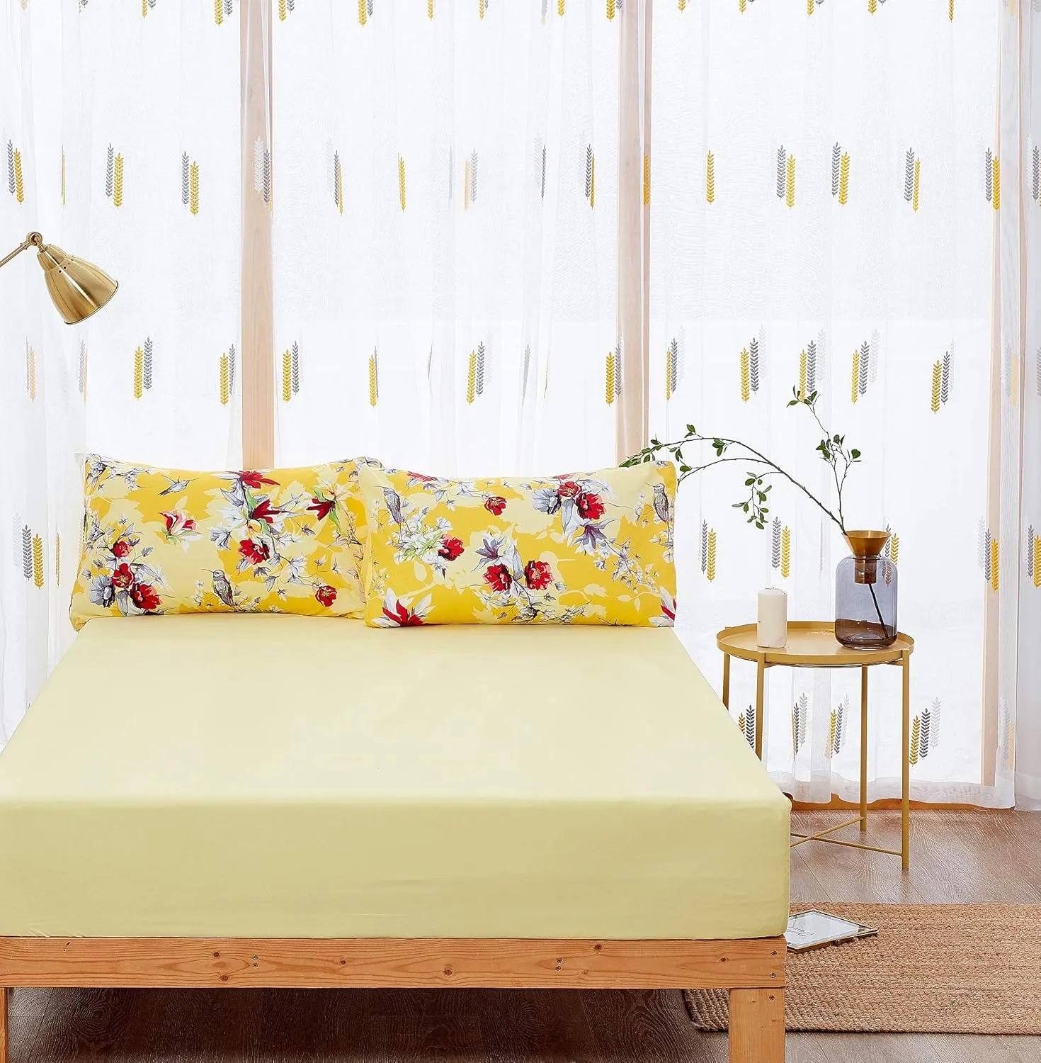 DaDalogy Bedding 12-Pieces Bed in a Bag Set - Botanical Radiant Sunshine Yellow Hummingbirds Floral Fitted & Flat Sheets Set w/Accent Throw Euro Sham Pillow Covers & Window Curtain Valance - King