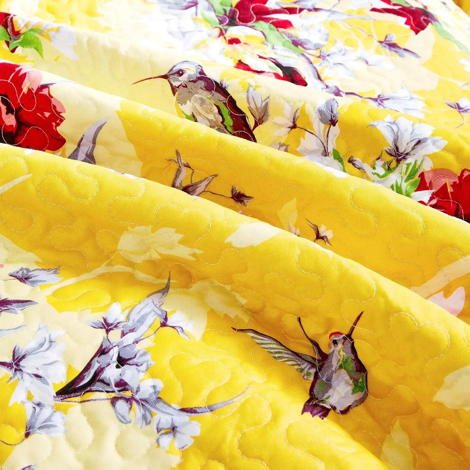 DaDalogy Bedding 12-Pieces Bed in a Bag Set - Botanical Radiant Sunshine Yellow Hummingbirds Floral Fitted & Flat Sheets Set w/Accent Throw Euro Sham Pillow Covers & Window Curtain Valance - King