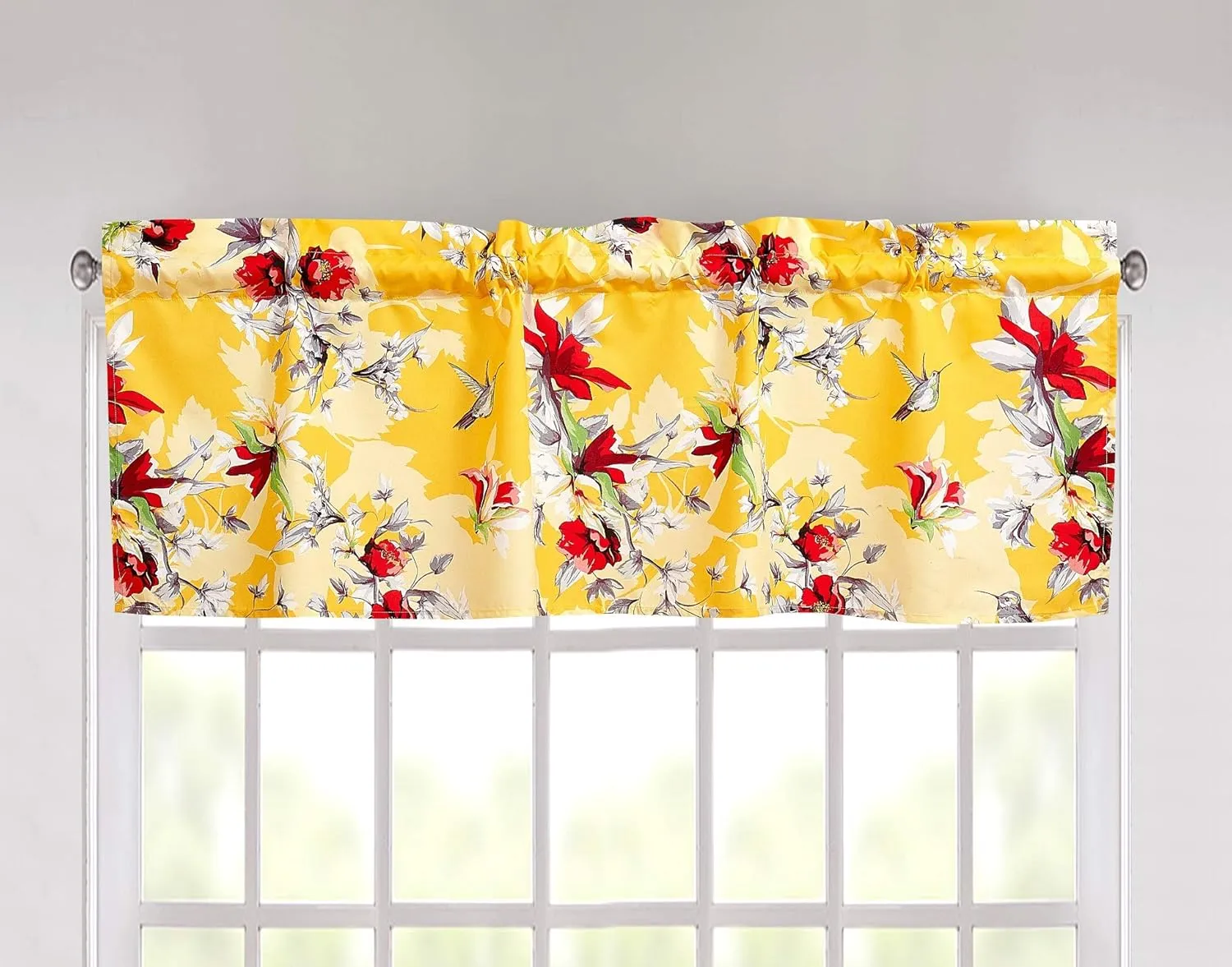 DaDalogy Bedding 12-Pieces Bed in a Bag Set - Botanical Radiant Sunshine Yellow Hummingbirds Floral Fitted & Flat Sheets Set w/Accent Throw Euro Sham Pillow Covers & Window Curtain Valance - King
