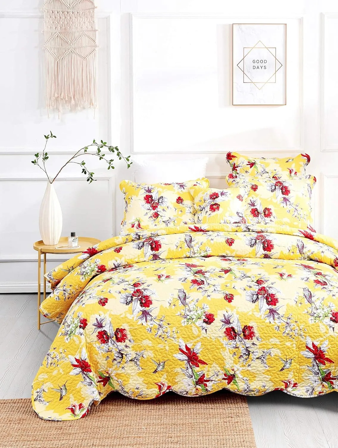 DaDalogy Bedding 12-Pieces Bed in a Bag Set - Botanical Radiant Sunshine Yellow Hummingbirds Floral Fitted & Flat Sheets Set w/Accent Throw Euro Sham Pillow Covers & Window Curtain Valance - King