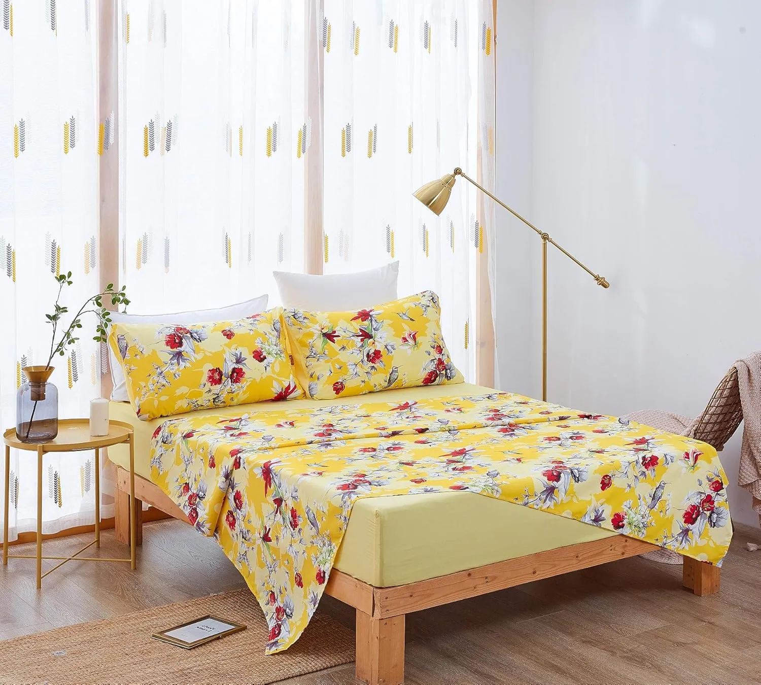 DaDalogy Bedding 12-Pieces Bed in a Bag Set - Botanical Radiant Sunshine Yellow Hummingbirds Floral Fitted & Flat Sheets Set w/Accent Throw Euro Sham Pillow Covers & Window Curtain Valance - King