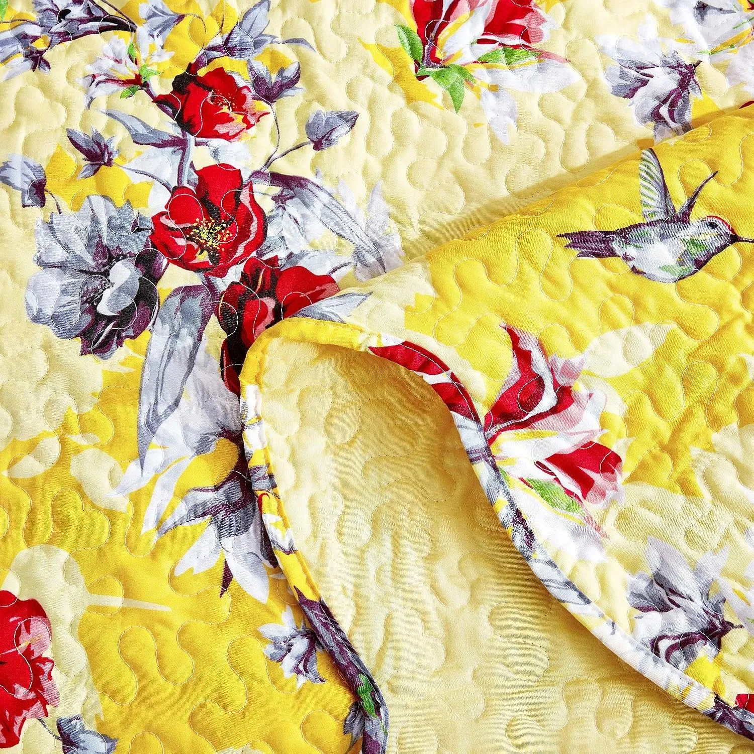 DaDalogy Bedding 12-Pieces Bed in a Bag Set - Botanical Radiant Sunshine Yellow Hummingbirds Floral Fitted & Flat Sheets Set w/Accent Throw Euro Sham Pillow Covers & Window Curtain Valance - King