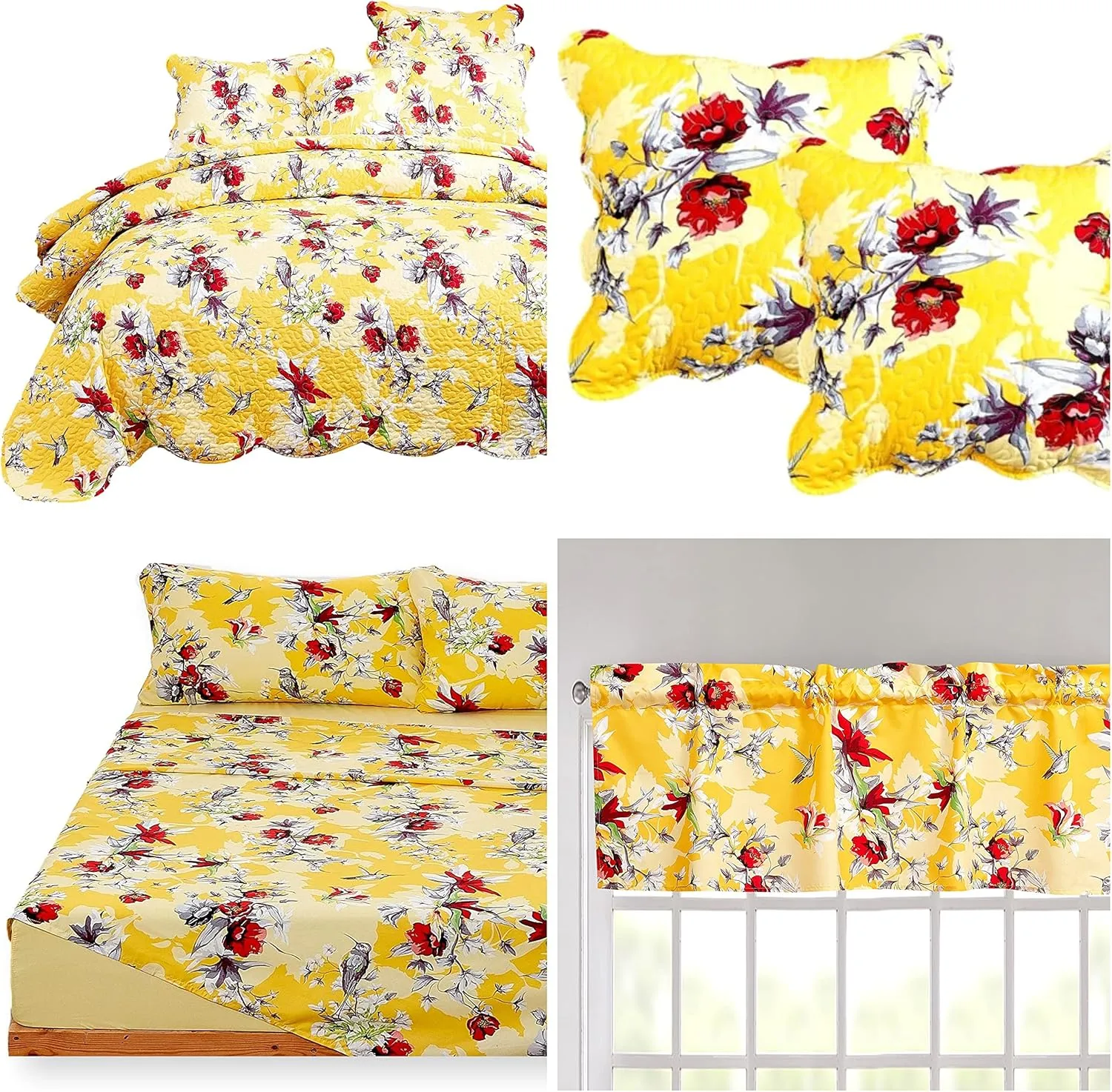 DaDalogy Bedding 12-Pieces Bed in a Bag Set - Botanical Radiant Sunshine Yellow Hummingbirds Floral Fitted & Flat Sheets Set w/Accent Throw Euro Sham Pillow Covers & Window Curtain Valance - King