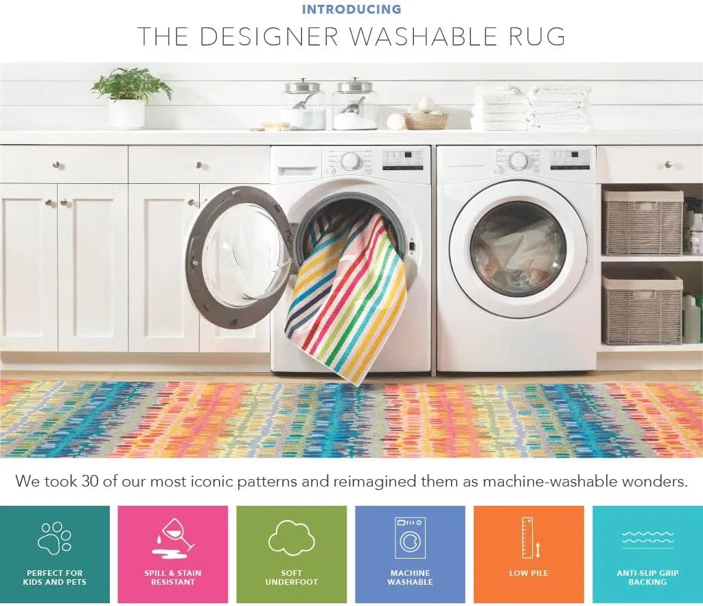 Dash and Albert Malta Blue Machine Washable Area Rug - 8' x 10' Blue Stripe Washable Accent Rug - Durable, High Traffic Areas Kitchen, Mudroom, Hallways
