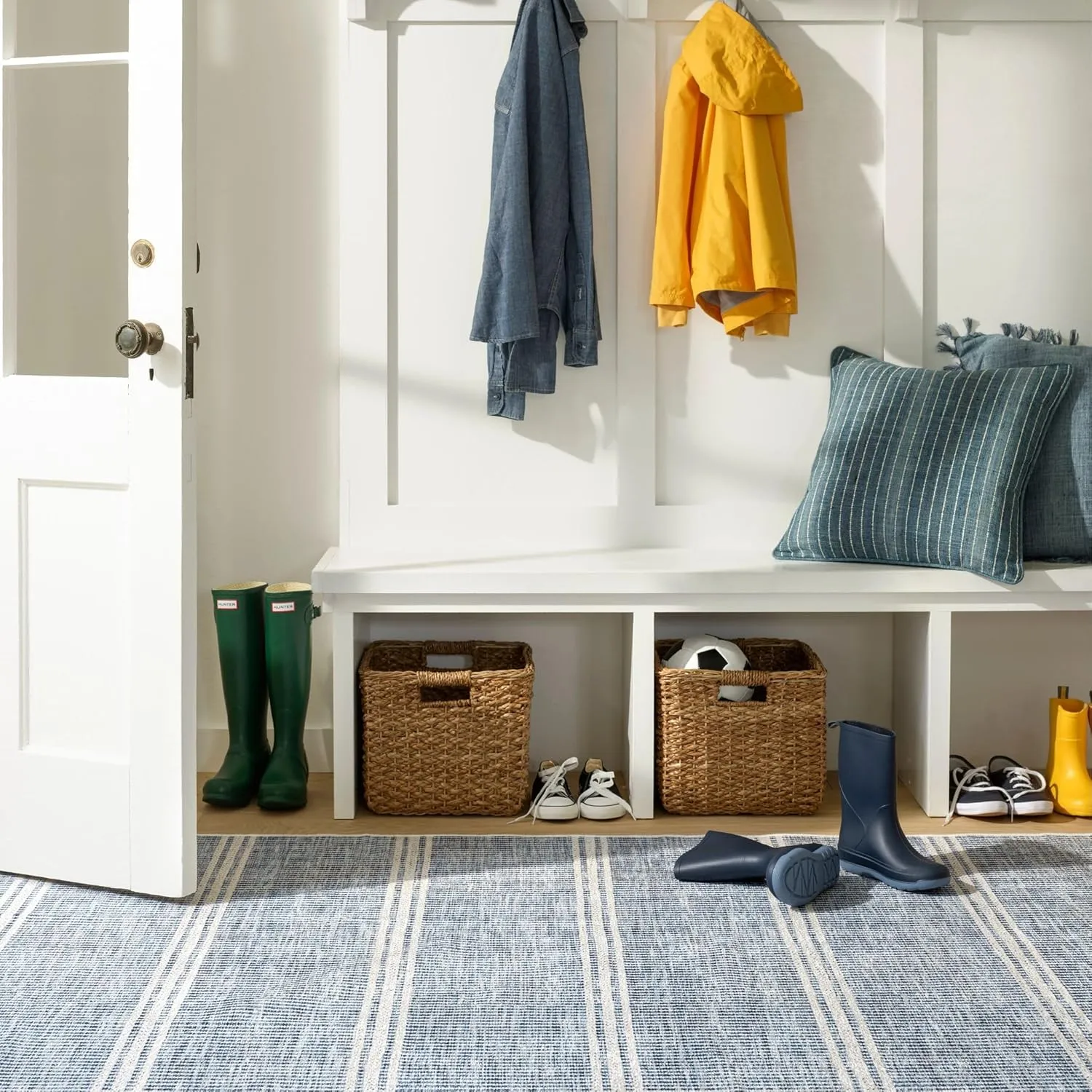 Dash and Albert Malta Blue Machine Washable Area Rug - 8' x 10' Blue Stripe Washable Accent Rug - Durable, High Traffic Areas Kitchen, Mudroom, Hallways