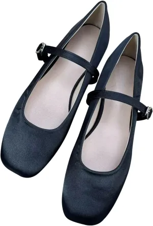 Dear Time Women's Flower Ballets Square Toe Flats Mary Jane Shoes Easy Buckle Strap Flat Dress Shoes