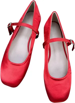 Dear Time Women's Flower Ballets Square Toe Flats Mary Jane Shoes Easy Buckle Strap Flat Dress Shoes