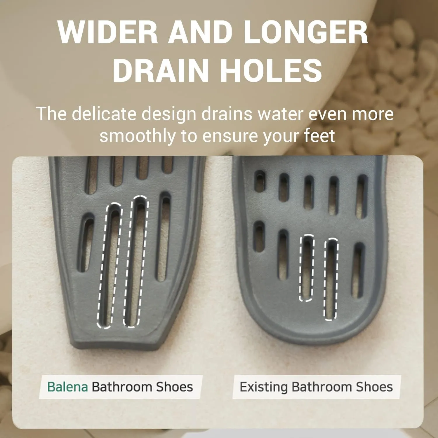 DEARCUS Shower Slipper with Wider and Longer Drainage Holes - Durable Lightweight Slim Sole - Quick Drying Pool Slides Slippers with Optimal Height and Soft - Balena