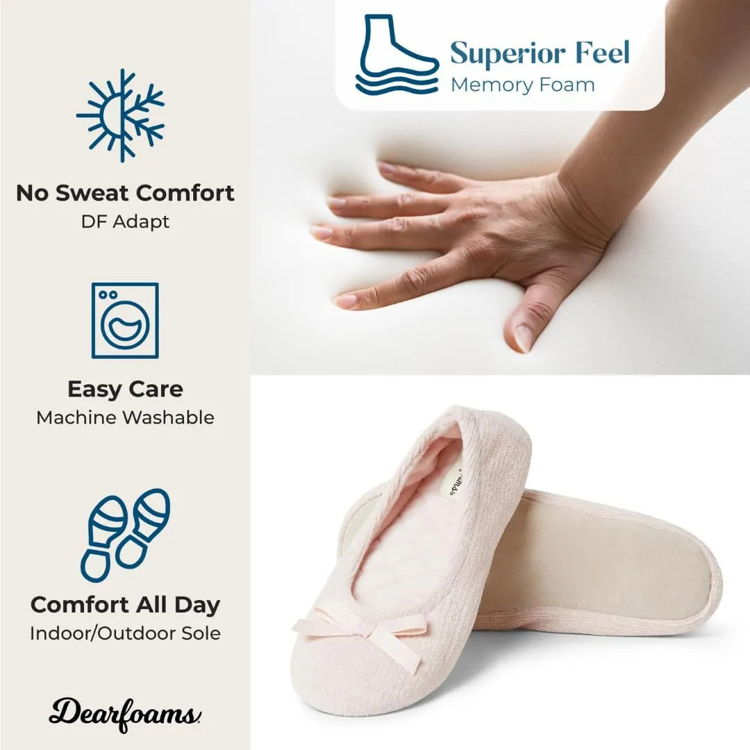 Dearfoams Women's Layla Ballerina Slipper with Memory Foam, Soft Tie Bow and Suede Sole