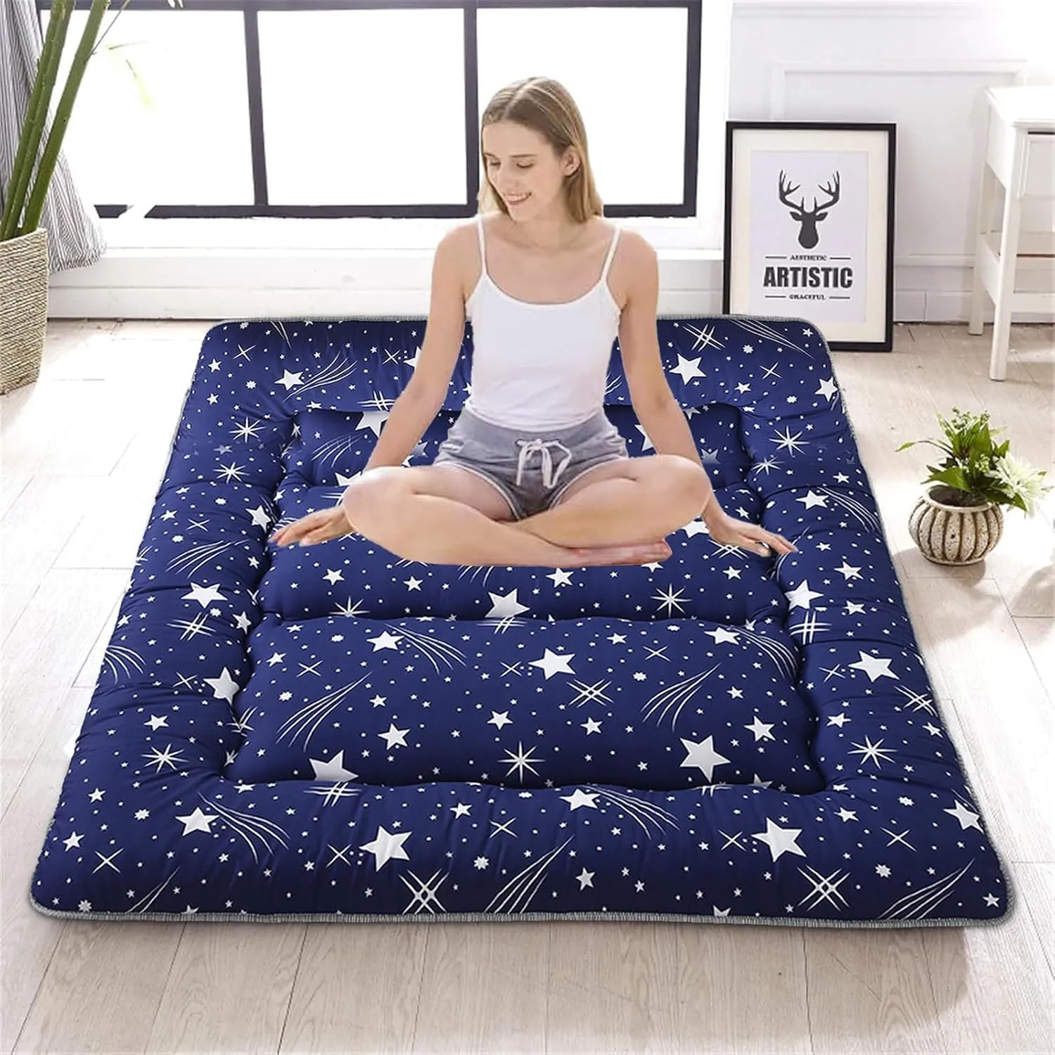 DELADOLA Japanese Floor Mattress,Thicken Japanese Floor Sleeping Pad Foldable,Roll Up Tatami Mat Easy to Store and Portable,Futon Mattress Suitable for Camping and Guest Room (Blue, Full (80" X 47"))