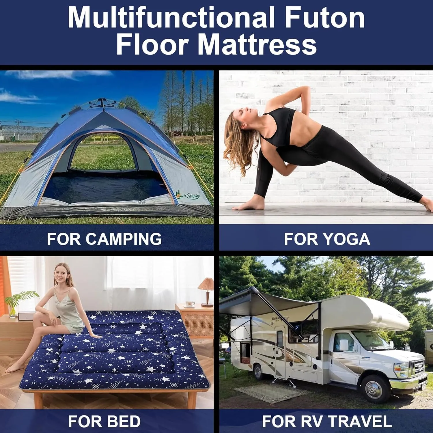 DELADOLA Japanese Floor Mattress,Thicken Japanese Floor Sleeping Pad Foldable,Roll Up Tatami Mat Easy to Store and Portable,Futon Mattress Suitable for Camping and Guest Room (Blue, Full (80" X 47"))