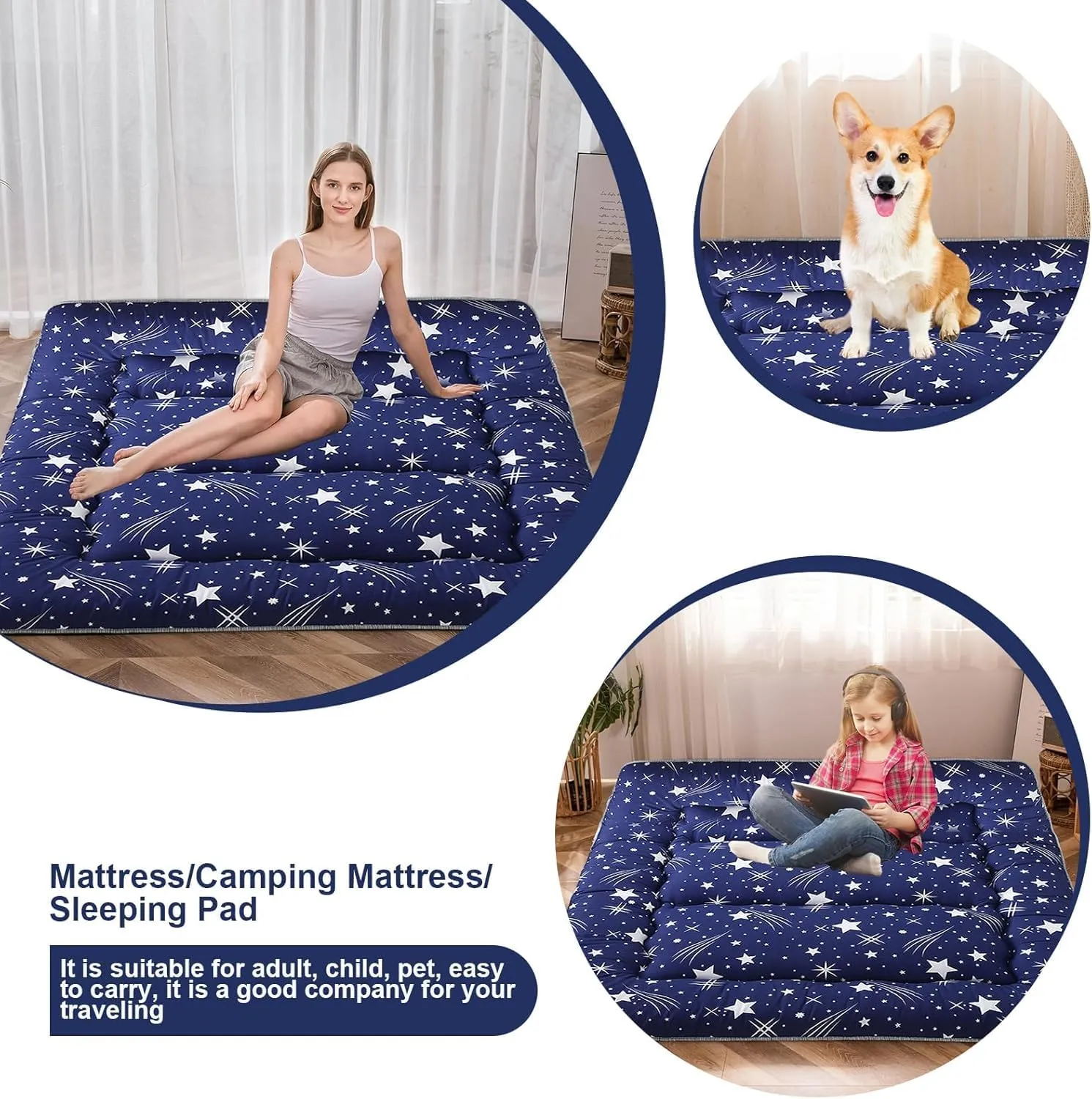 DELADOLA Japanese Floor Mattress,Thicken Japanese Floor Sleeping Pad Foldable,Roll Up Tatami Mat Easy to Store and Portable,Futon Mattress Suitable for Camping and Guest Room (Blue, Full (80" X 47"))