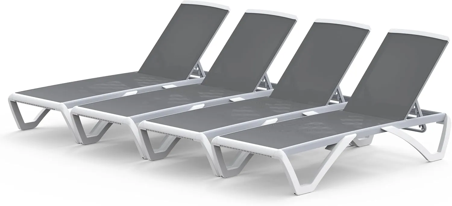 Domi Set of 4 Pool Lounge Chairs Aluminum Adjustable Outdoor Chaise Lounge,All Weather Plastic Poolside Lounge Chairs for Deck Lawn Backyard, Gray Textilene