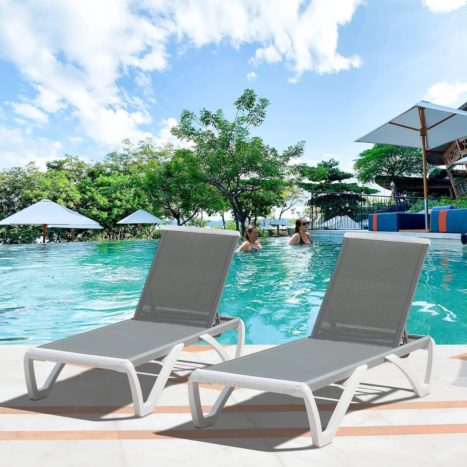 Domi Set of 4 Pool Lounge Chairs Aluminum Adjustable Outdoor Chaise Lounge,All Weather Plastic Poolside Lounge Chairs for Deck Lawn Backyard, Gray Textilene