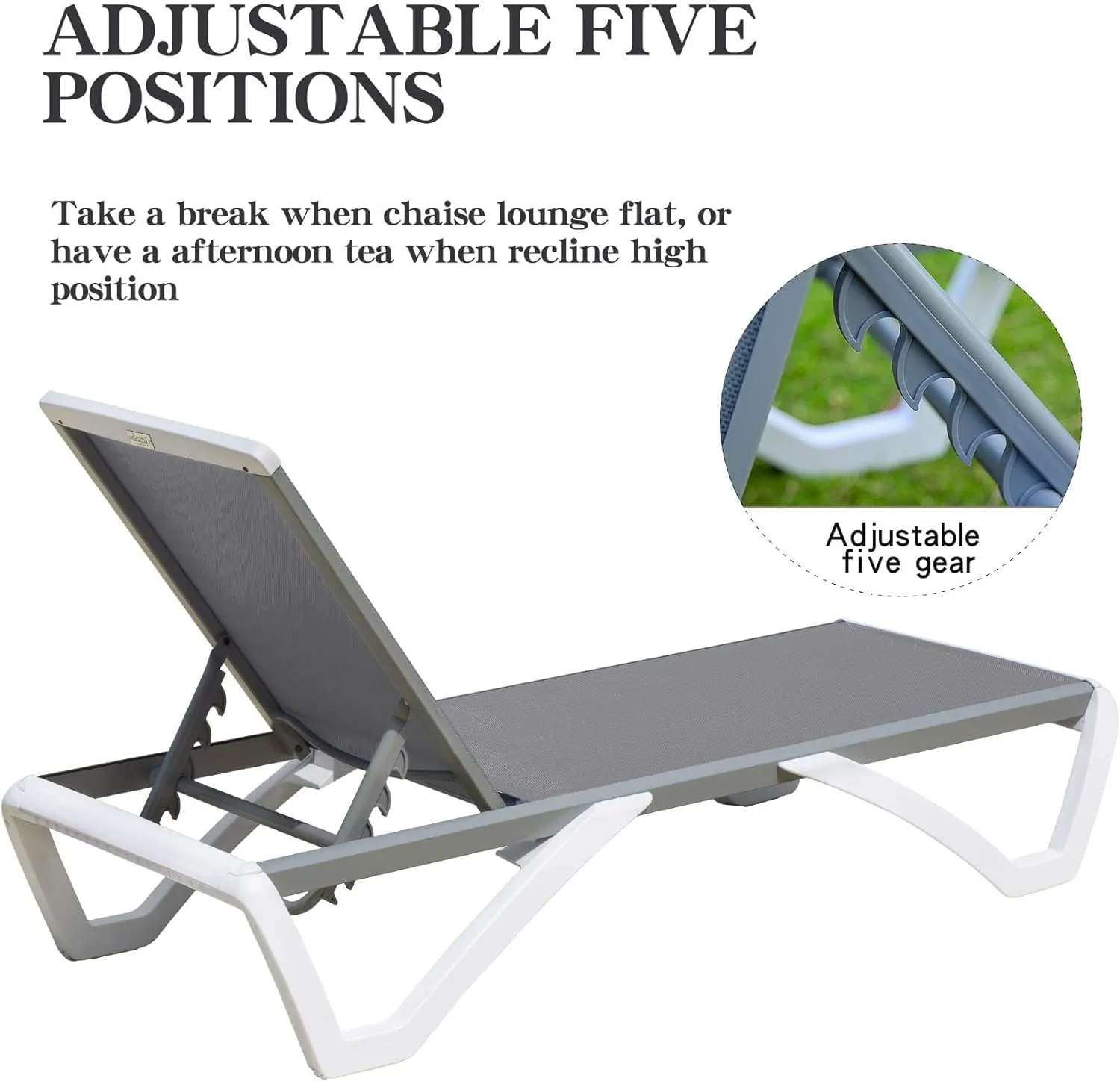 Domi Set of 4 Pool Lounge Chairs Aluminum Adjustable Outdoor Chaise Lounge,All Weather Plastic Poolside Lounge Chairs for Deck Lawn Backyard, Gray Textilene