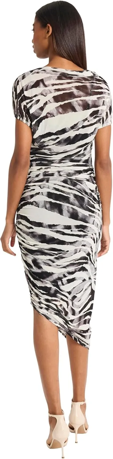 Donna Morgan Women's Ruched Asymmetrical Midi Dolman Sleeves-Gathered Side Seam Detail-Special Occasion Bodycon Dress