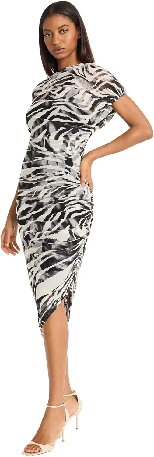 Donna Morgan Women's Ruched Asymmetrical Midi Dolman Sleeves-Gathered Side Seam Detail-Special Occasion Bodycon Dress