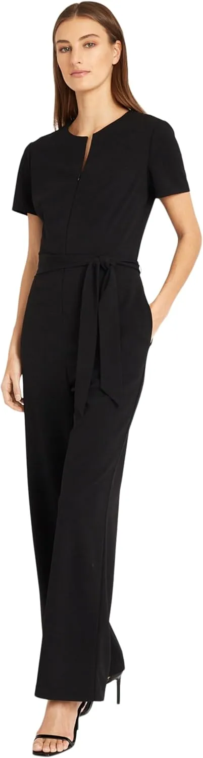 Donna Morgan womens Short Sleeve Notch Neck Jumpsuit With Waist Tie | Jumpsuits for Women Dressy