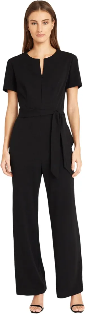Donna Morgan womens Short Sleeve Notch Neck Jumpsuit With Waist Tie | Jumpsuits for Women Dressy