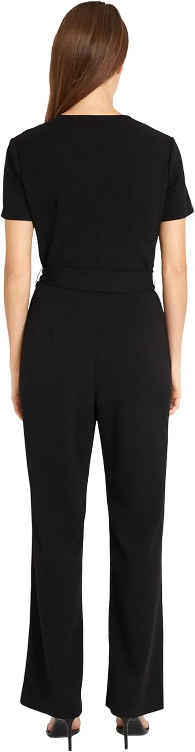 Donna Morgan womens Short Sleeve Notch Neck Jumpsuit With Waist Tie | Jumpsuits for Women Dressy