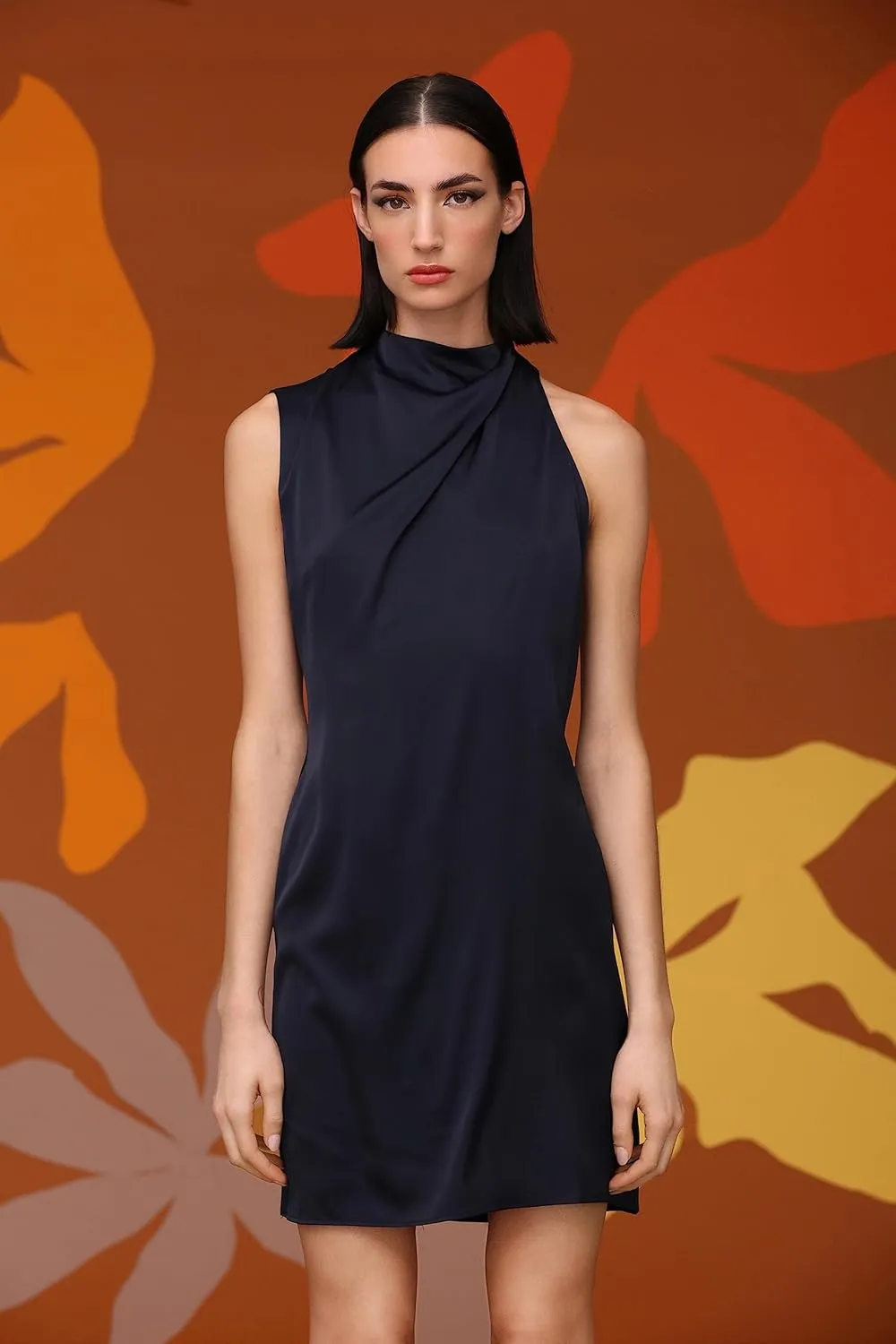 Donna Morgan Women's Sleek and Sophisticated Pleat Tuck Detail Mock Neck Charmeuse Dress Event Occasion Guest of