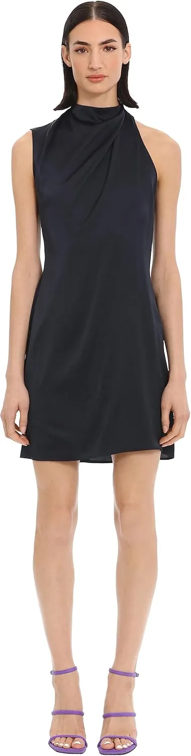 Donna Morgan Women's Sleek and Sophisticated Pleat Tuck Detail Mock Neck Charmeuse Dress Event Occasion Guest of
