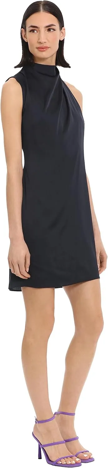 Donna Morgan Women's Sleek and Sophisticated Pleat Tuck Detail Mock Neck Charmeuse Dress Event Occasion Guest of