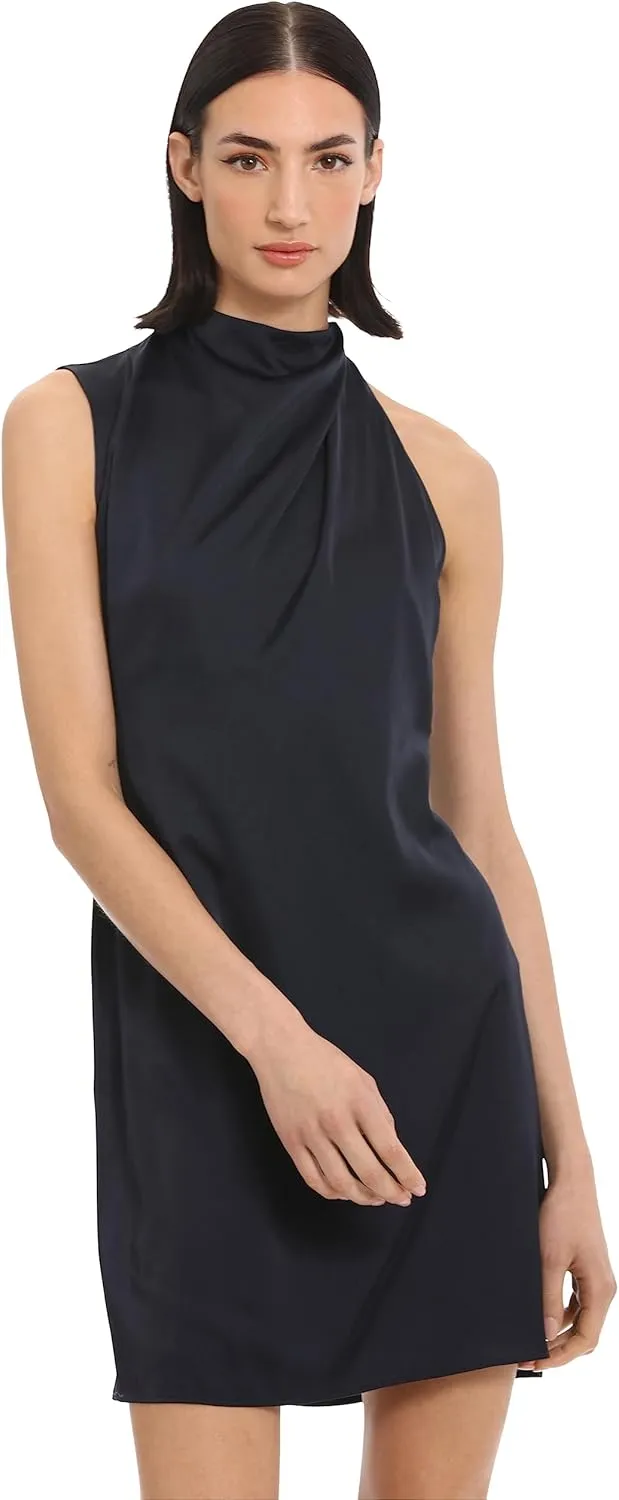 Donna Morgan Women's Sleek and Sophisticated Pleat Tuck Detail Mock Neck Charmeuse Dress Event Occasion Guest of