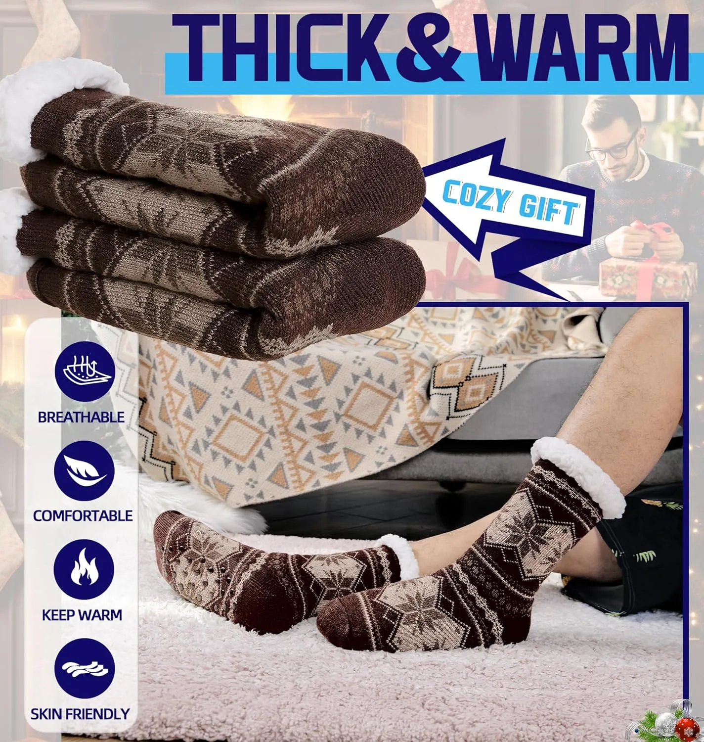DoSmart Men's Winter Thermal Fleece Lining Knit Slipper Socks Soft Warm Cozy Fuzzy Fluffy Christmas Non Slip Socks