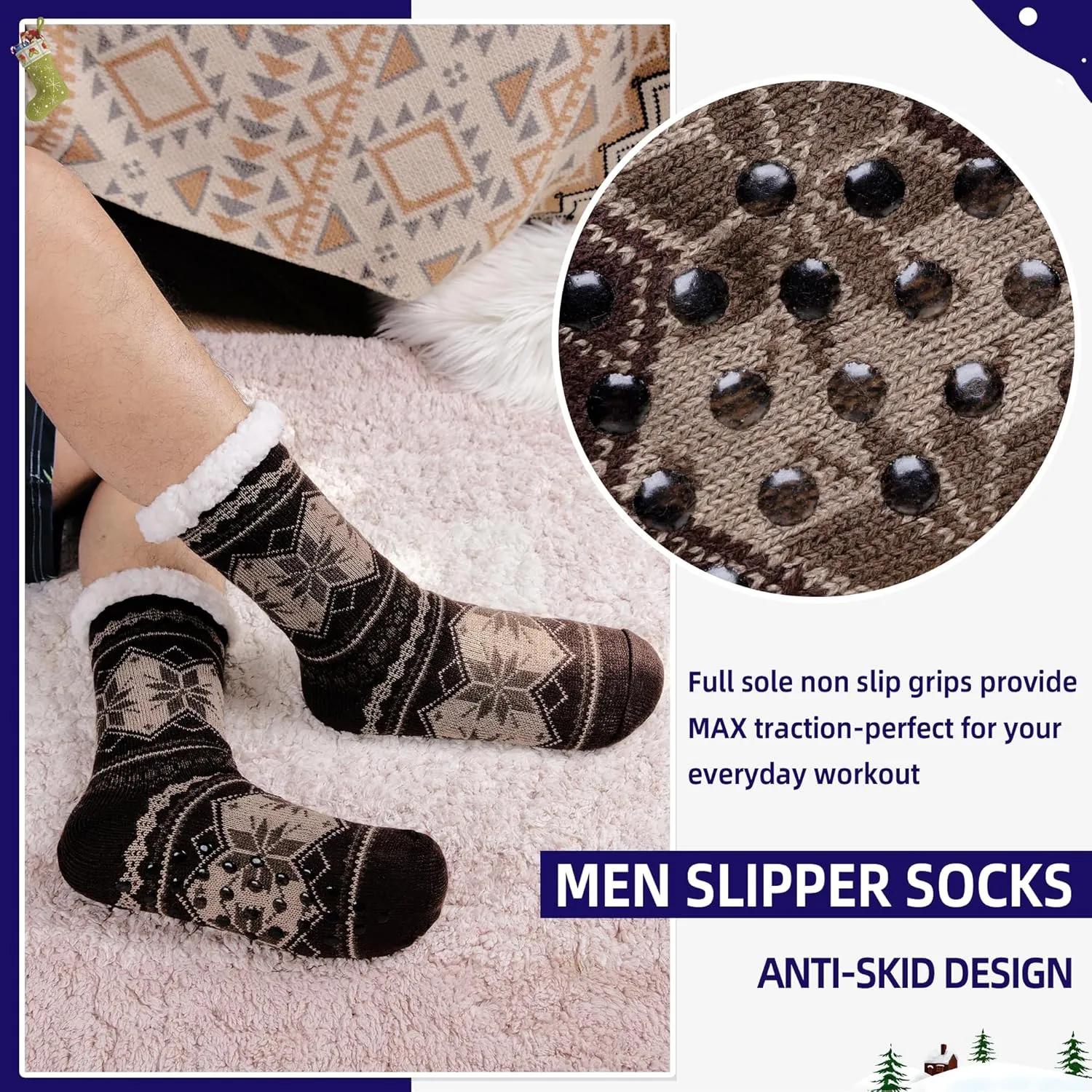 DoSmart Men's Winter Thermal Fleece Lining Knit Slipper Socks Soft Warm Cozy Fuzzy Fluffy Christmas Non Slip Socks