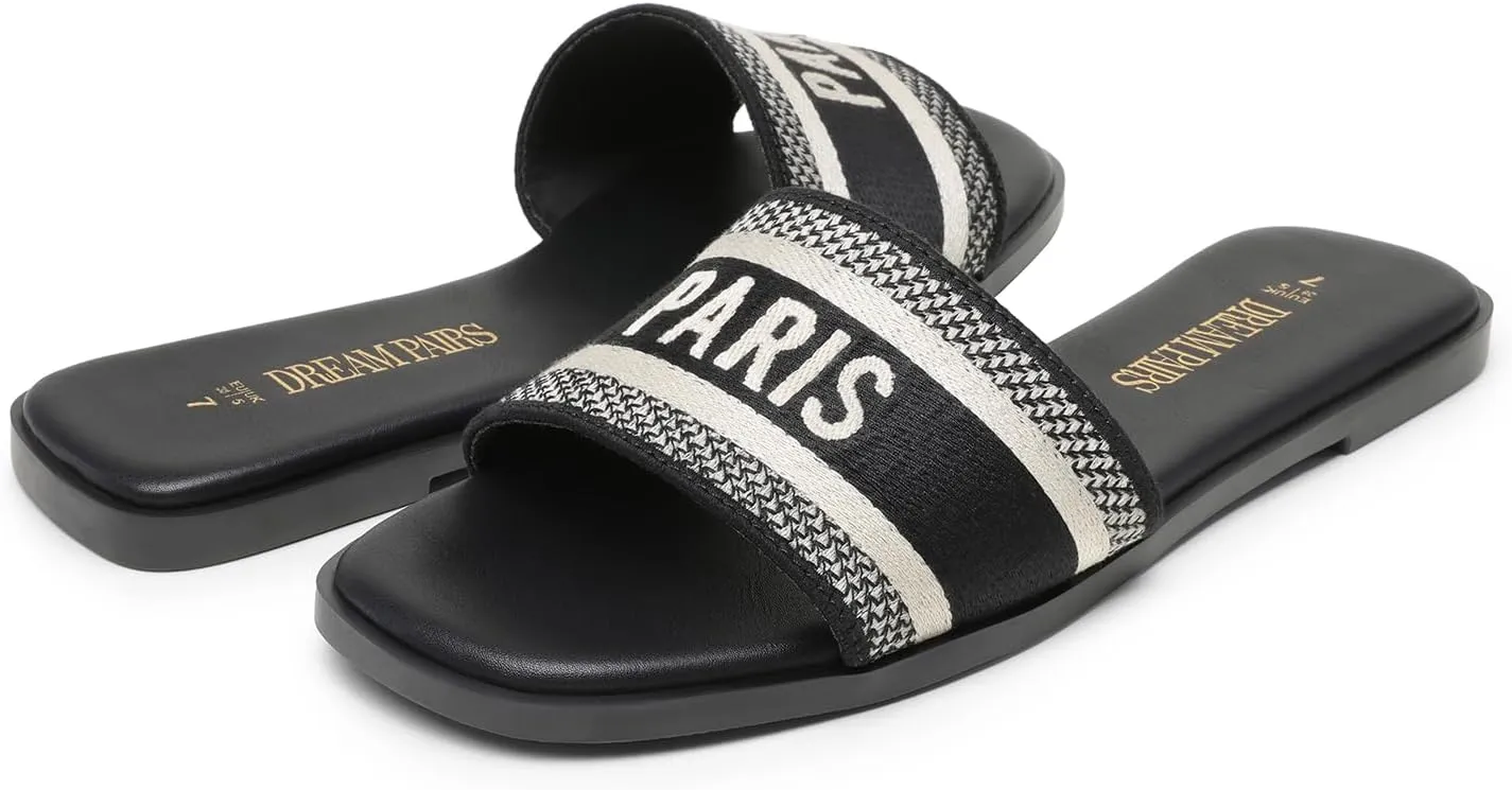 DREAM PAIRS Women's Flat Sandals Slip On Slides Sandals Square Open Toe Jacquard Braided Fashion Slides Casual Beach Slippers for Summer