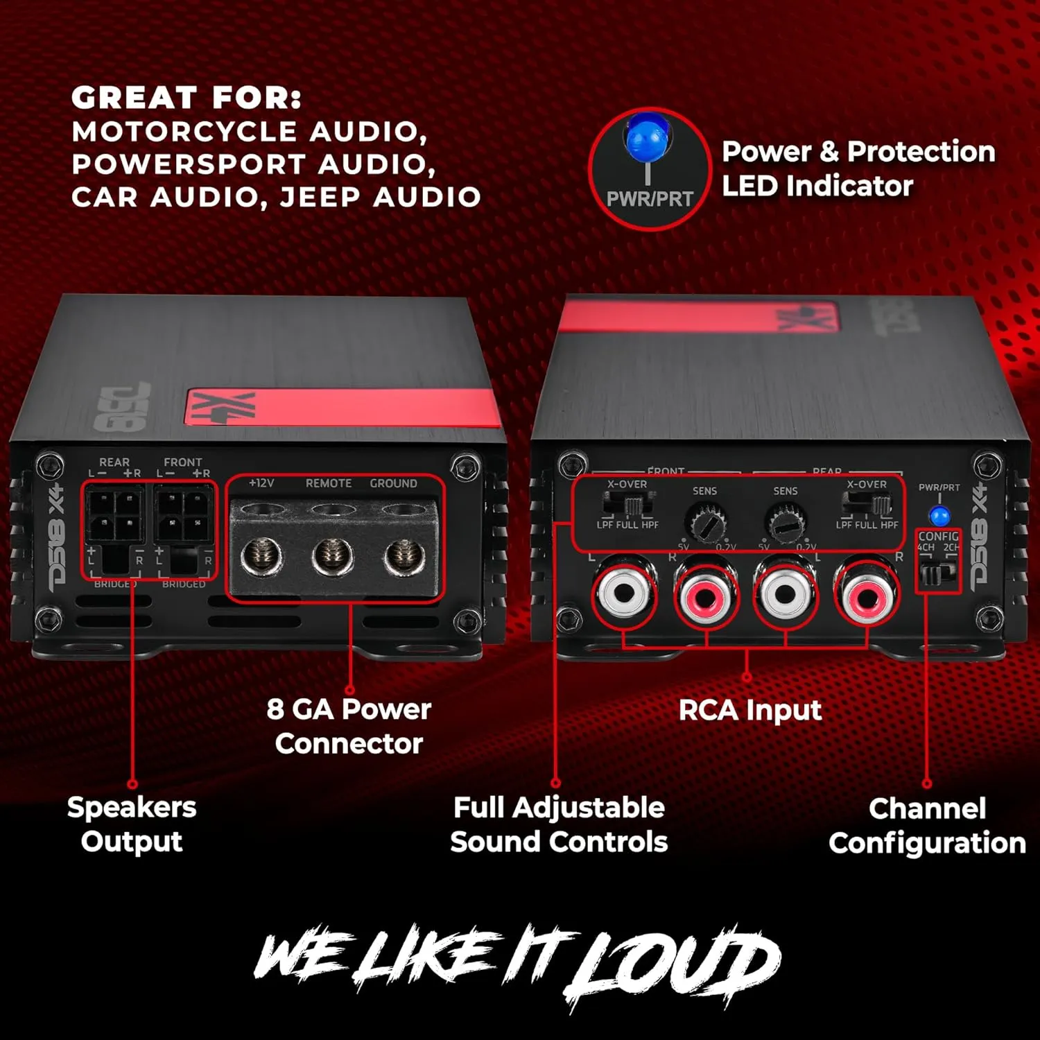 DS18 X4 Amplifier 4-Channel Ultra Compact Class D 4 x 70 Watts RMS @ 4-ohm, Stereo Full Range, Car Audio Amplifier, Great Compact Amp for Motorcycle, Powersports, Ultra Small Design