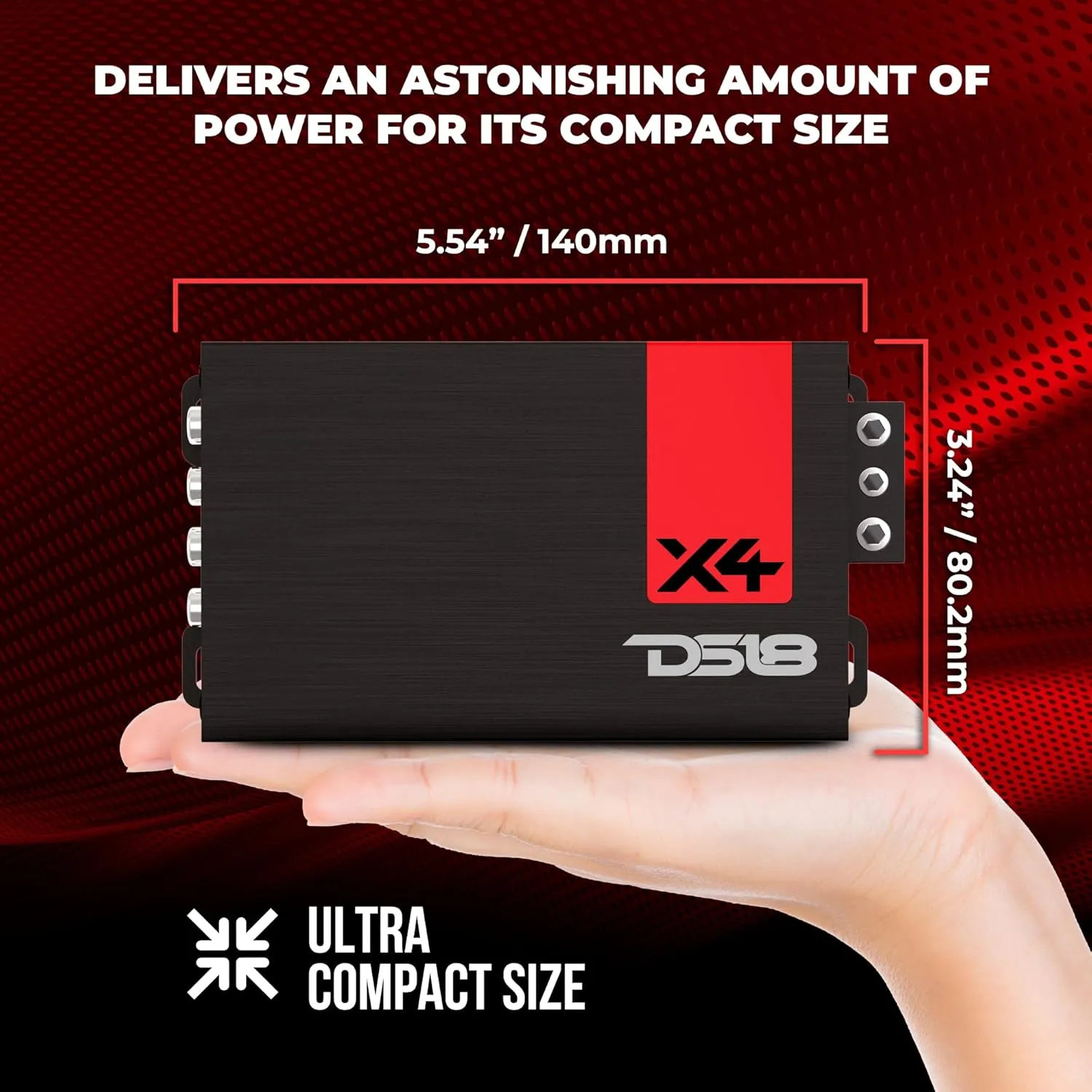 DS18 X4 Amplifier 4-Channel Ultra Compact Class D 4 x 70 Watts RMS @ 4-ohm, Stereo Full Range, Car Audio Amplifier, Great Compact Amp for Motorcycle, Powersports, Ultra Small Design