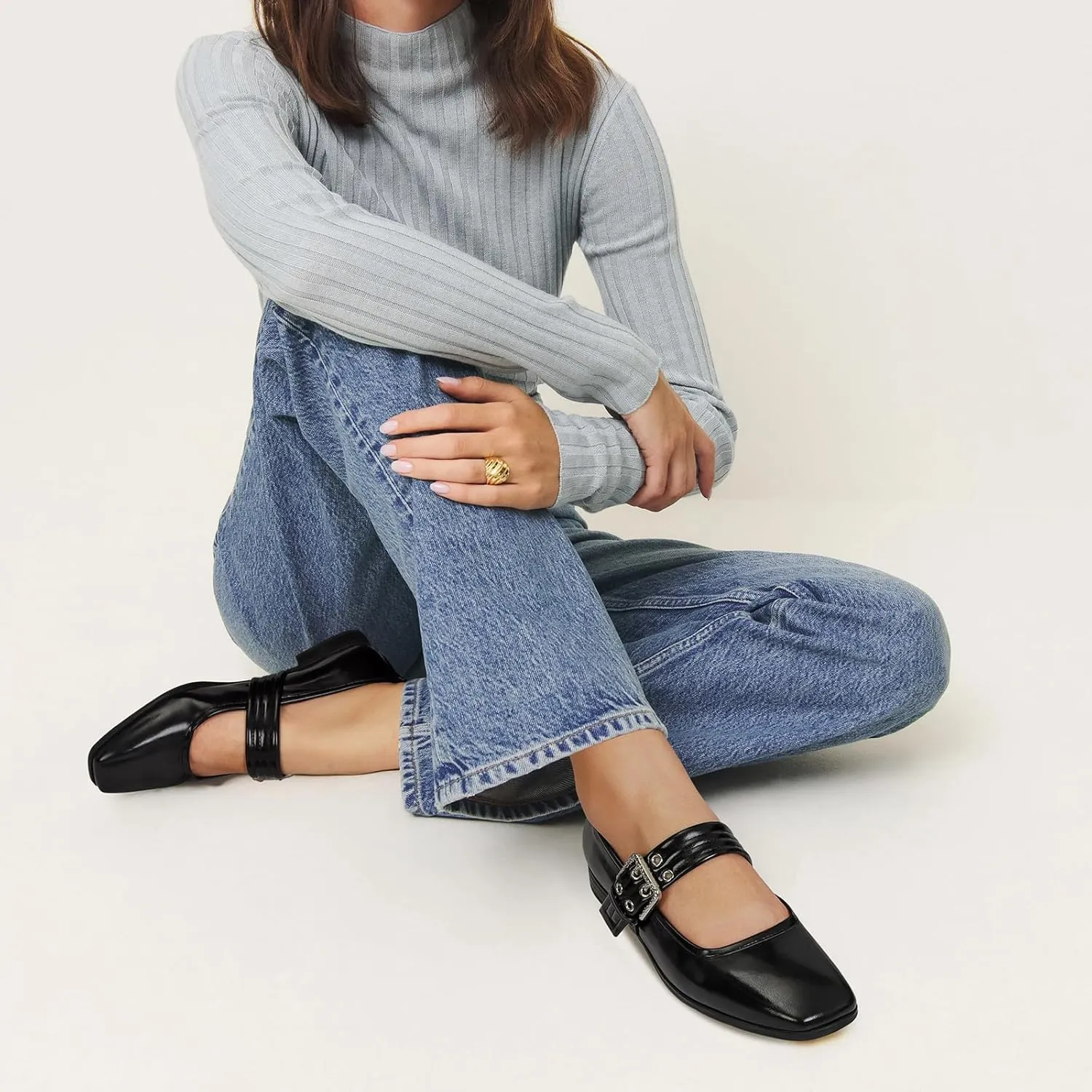 Dsevht Mary Janes Flats for Women Fashion Square Toe Flat Low Heel Easy Buckle Strap Flats Shoes