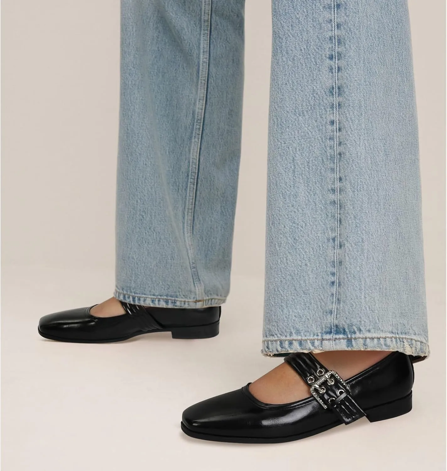 Dsevht Mary Janes Flats for Women Fashion Square Toe Flat Low Heel Easy Buckle Strap Flats Shoes